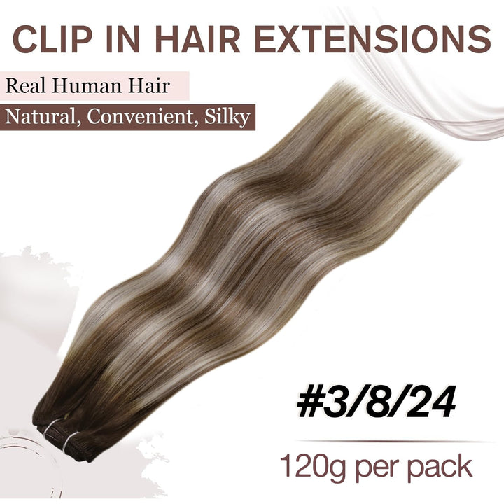 Hetto Echthaar Extensions Clip Balayage Dunkelbraun zu Hellbraun &amp; Hellashblond 50cm 120g 7pcs - Inv