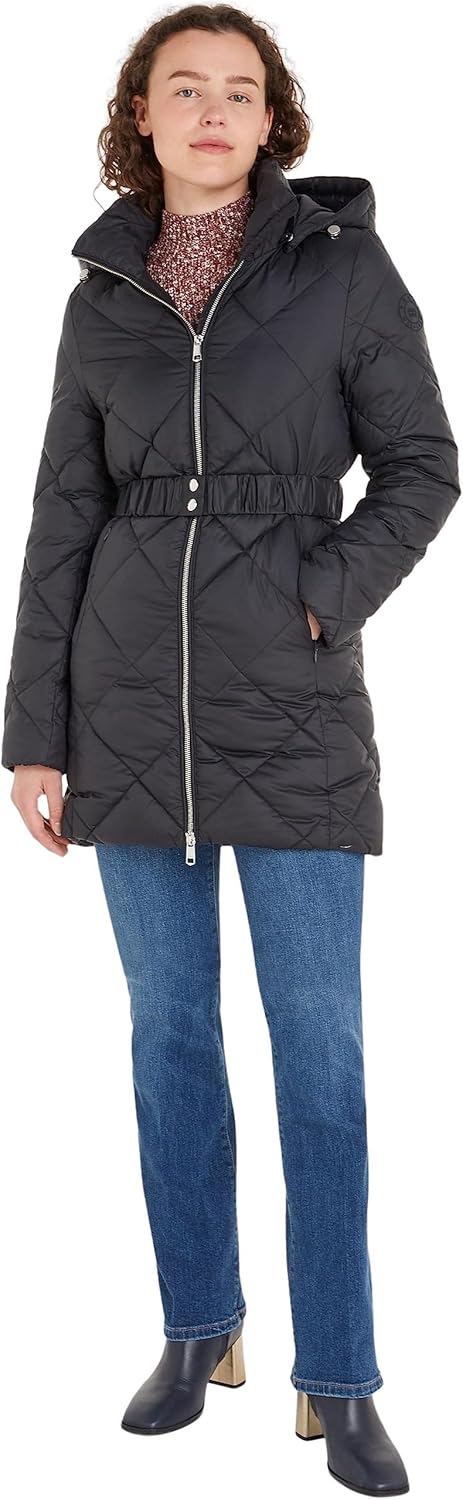 Tommy Hilfiger Damen Daunenmantel Belted Quilted Winter XXS Schwarz (Black), XXS Schwarz (Black)