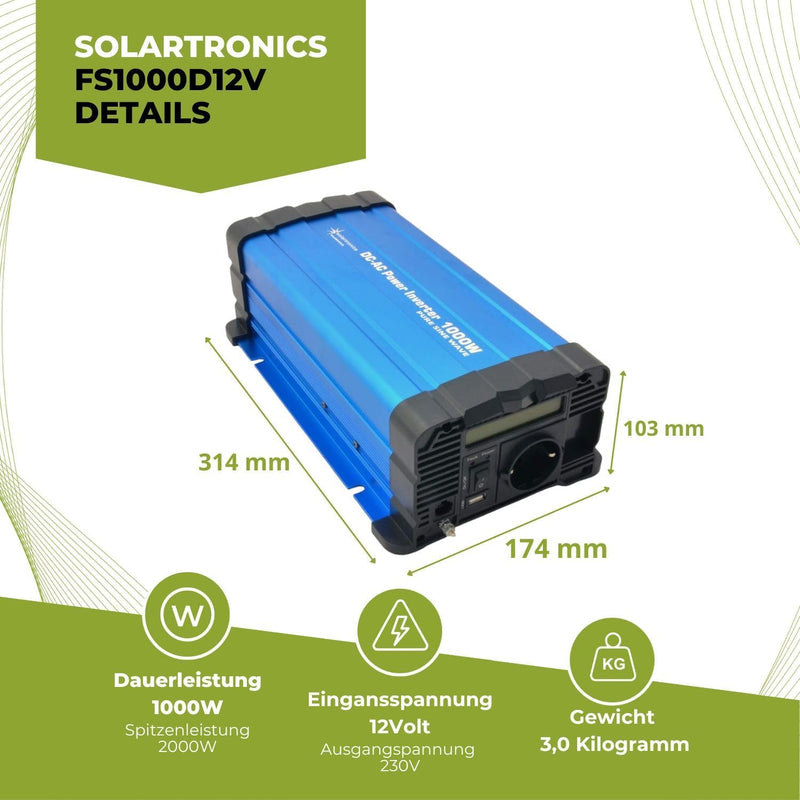 solartronics Spannungswandler FS1000DR 12V 1000 Watt Reiner Sinus BLAU Inverter Wechselrichter