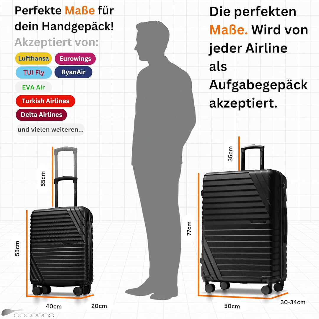 Cocoono Koffer Set 2 Teilig 77cm & Handgepäck Koffer 55x40x20cm in einem Set, Sehr robuste Reisekoff