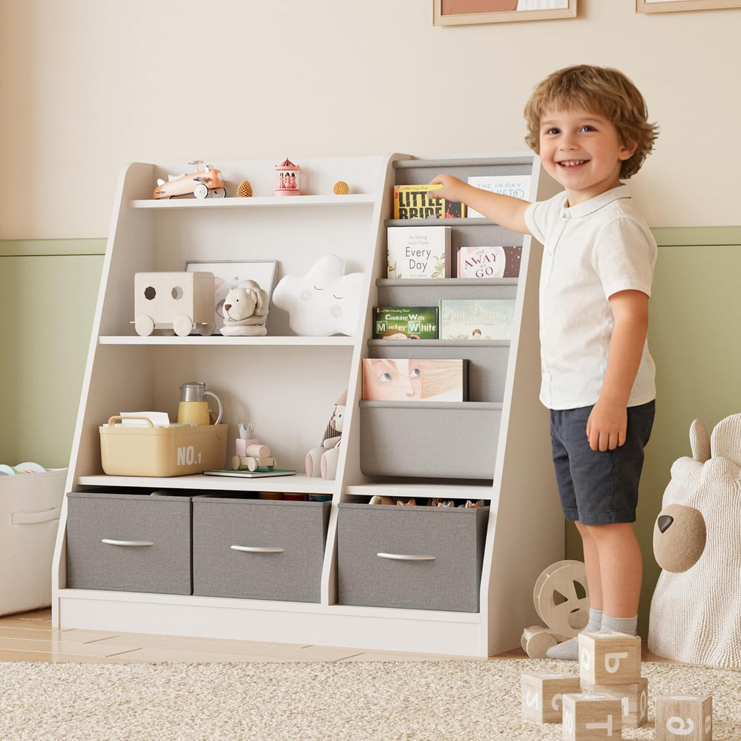 KEEPREAPER Kinderregal mit 3 Aufbewahrungsboxen, Bücherregal Kinder aus Holz mit 4 Ablage & 3 offnen