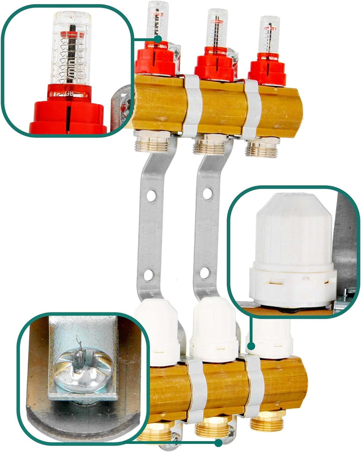 Millto™ Fussbodenheizungsverteiler Messing 3-Port 3 Abschnitte Rohranschlüsse Heizungsverteiler Vorm