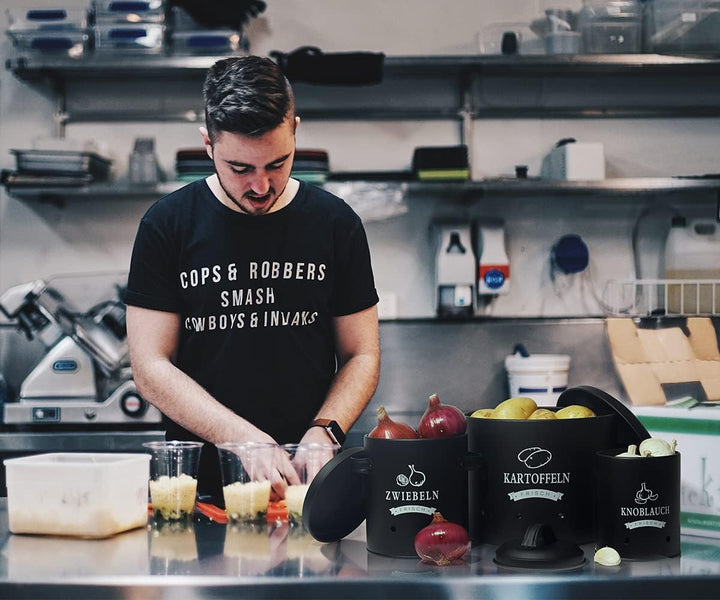 Theo&Cleo Kartoffel Vorratsdosen Set, Kartoffeltopf im Retro Design Zwiebeltopf, Grosser Vorratsbehä