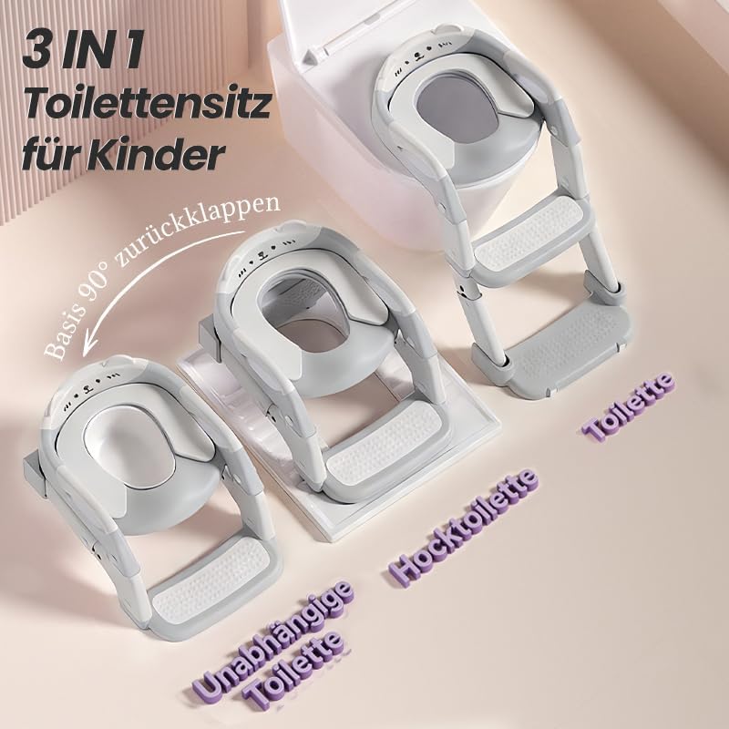 3 IN 1 Toilettensitz Kinder mit Treppe, Upgraded Töpfchen Trainer für Kinder, Höhenverstellbar Rutsc