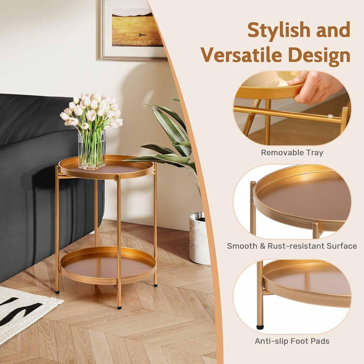 HollyHOME Runder Beistelltisch, 2 Ebenen Goldener Beistelltisch Metalltablett, Snacktisch, Couchtisc
