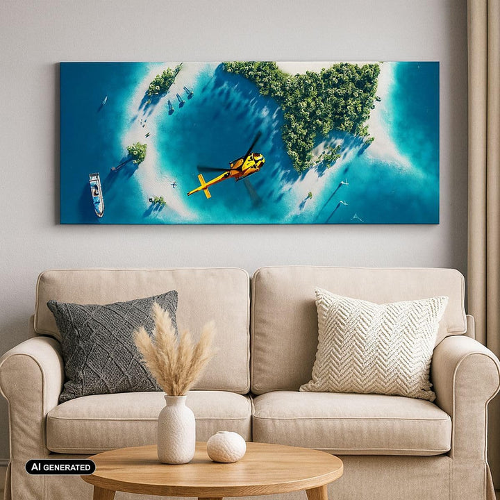 ARTTOR Bilder auf Leinwand 100x40cm Leinwandbild Hubschrauber Ozean Insel Paradies Gross Wanddeko Bi