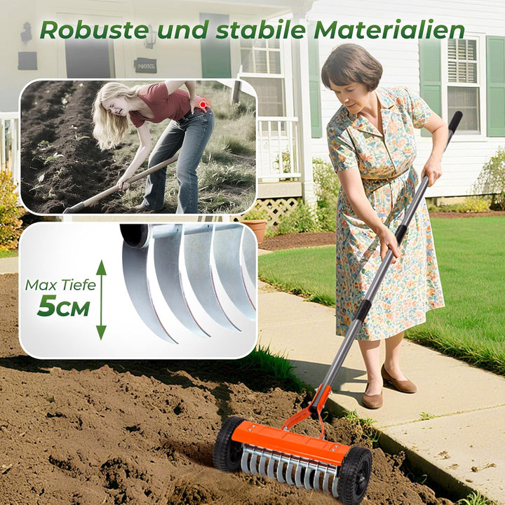 Walensee Vertikutier-Walzenrechen, 195 cm Verstellbarer Stiel, 2 mm Edelstahlklingen, Hochleistungs-