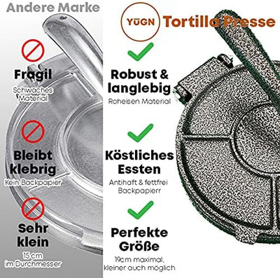 YUGN® Tortilla Presse Roti Maker 19cm - Gusseisen Tortilla Maker - 100x