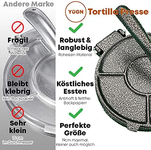 YUGN® Tortilla Presse Roti Maker 19cm - Gusseisen Tortilla Maker - 100x