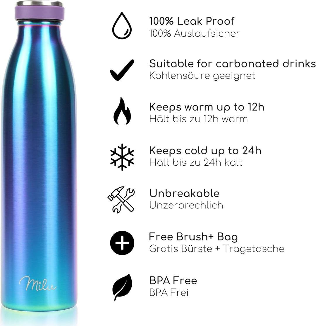 Milu Edelstahl Trinkflasche 350ml, 500ml, 750ml, 1L, 1,5L – Thermosflasche für Kinder Erwachsene aus