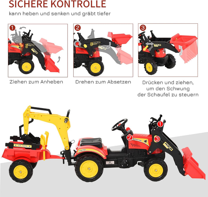 HOMCOM Trettraktor mit Anhänger, Frontlader, Verstellbarer Schaufel, Traktor Tretfahrzeug für Kinder