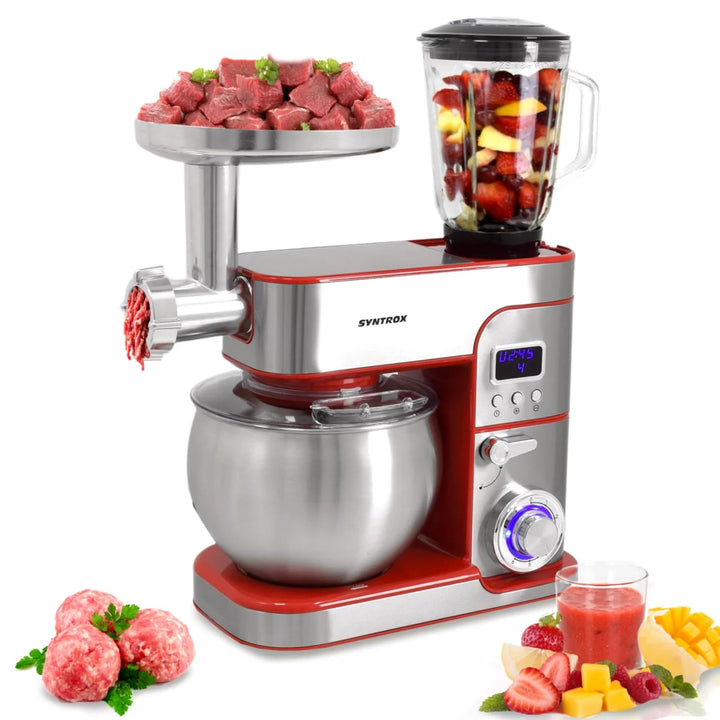 Syntrox Germany Küchengerät Kagus Edelstahl 6 Liter Küchenmaschine & Fleischwolf, Knethaken, Schneeb