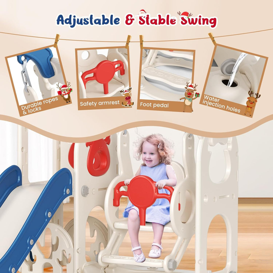 Krovtoy 6-in-1-Kleinkindrutsche, Kleinkindrutsche mit Weihnachtselchmotiv und Schaukelset, Babyrutsc