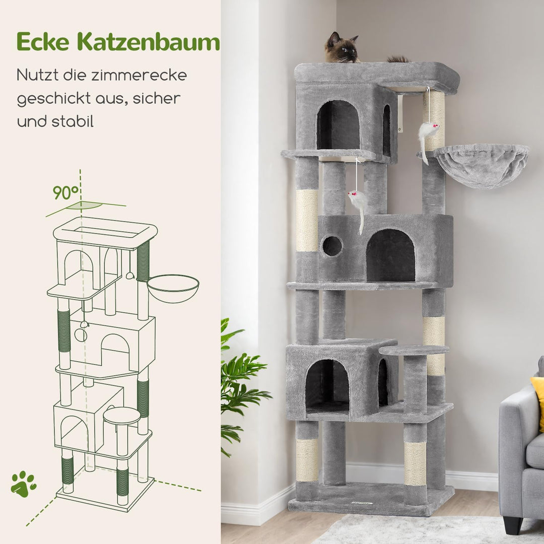 Globlazer Kratzbaum Stabil Passform Ecke hoch 168 cm mit 3 Katzenhäus, Grosse Gepolsterte Plattform,