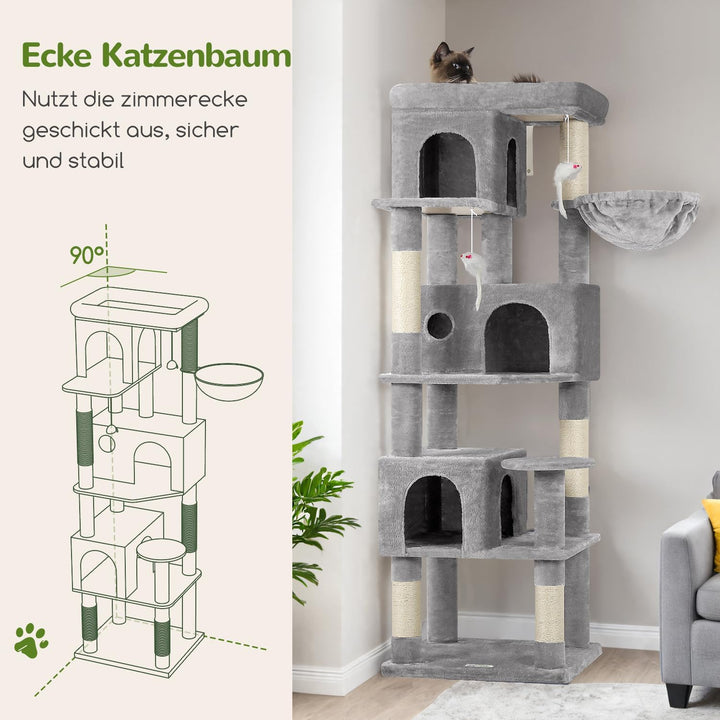Globlazer Kratzbaum Stabil Passform Ecke hoch 168 cm mit 3 Katzenhäus, Grosse Gepolsterte Plattform,
