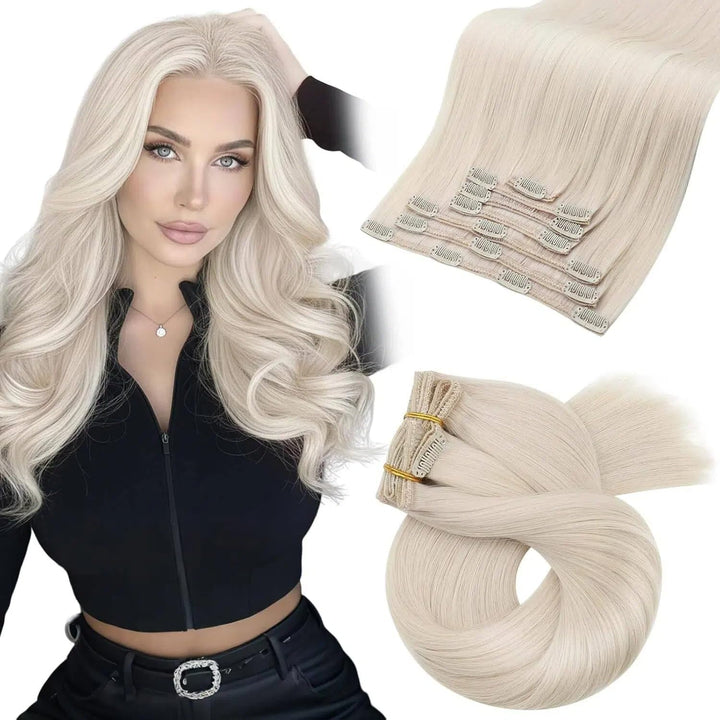 Moresoo Clip in Extensions Echthaar Blond Echthaar Extensions Clip Weissblond Remy Haarverlängerung