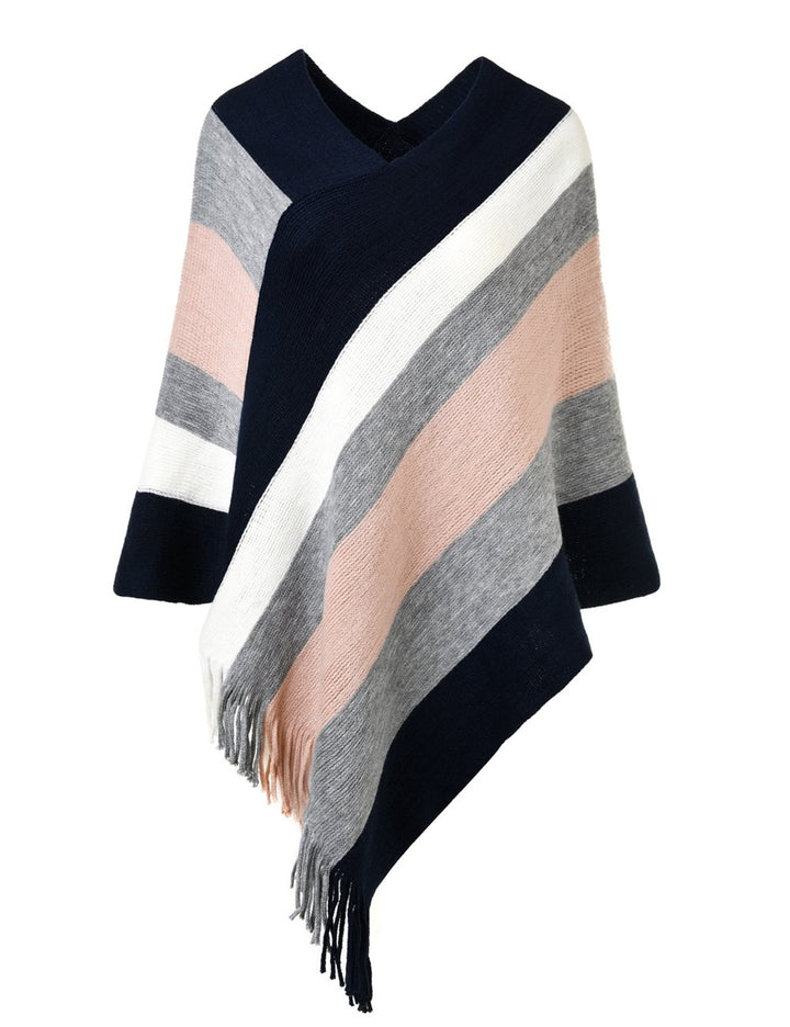 Ferand Gestreift Gestrickter Poncho Schal im Wickeldesign mit gefransten Seiten für Frauen Einheitsg