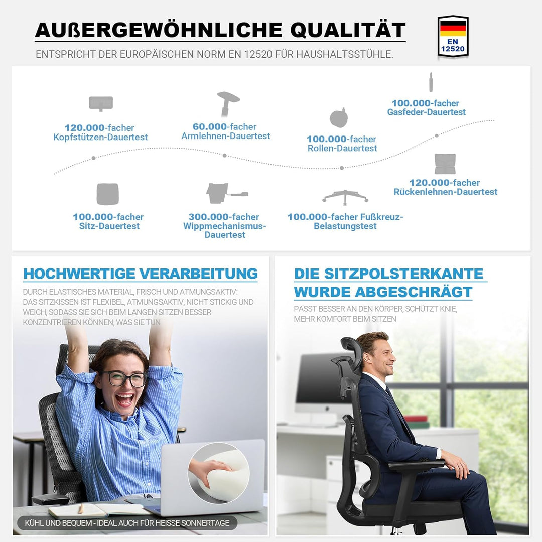 Bürostuhl Ergonomisch 200KG | 6P Verstellbare Rückenlehne | 4D-Armlehnen | Leises Gummirollen | Sitz