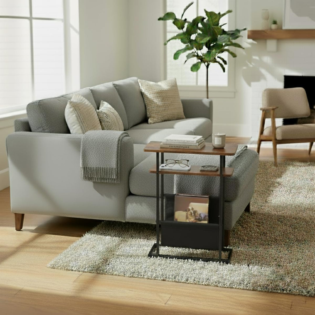 Kleiner Beistelltisch für kleine Räume, Schlanker Couchtisch mit Zeitschriftenhalter - 2 in 1 Schmal