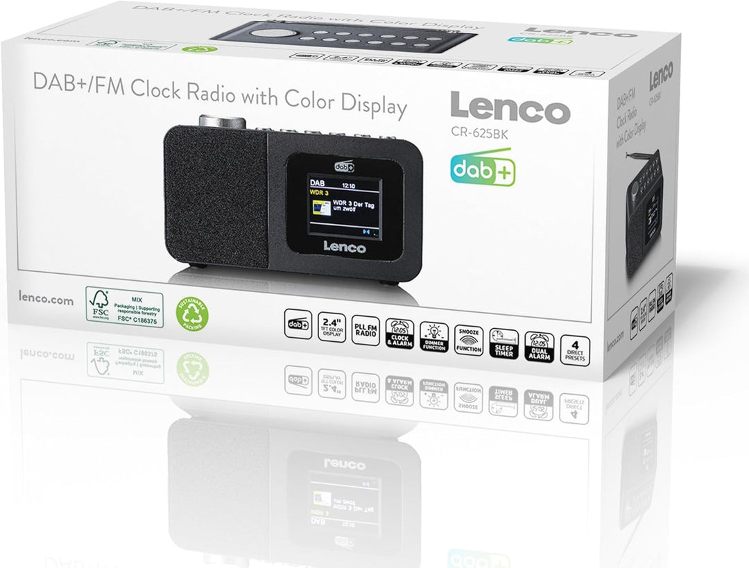 Lenco CR-625BK Radiowecker mit DAB+/FM, 2,4" Farbdisplay dimmbar, Doppelalarm, Sleeptimer, Schlummer