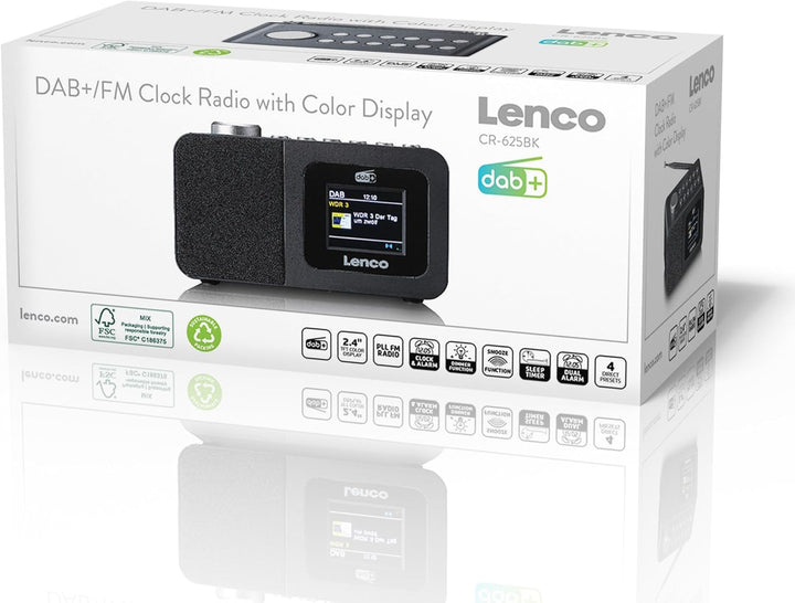 Lenco CR-625BK Radiowecker mit DAB+/FM, 2,4" Farbdisplay dimmbar, Doppelalarm, Sleeptimer, Schlummer