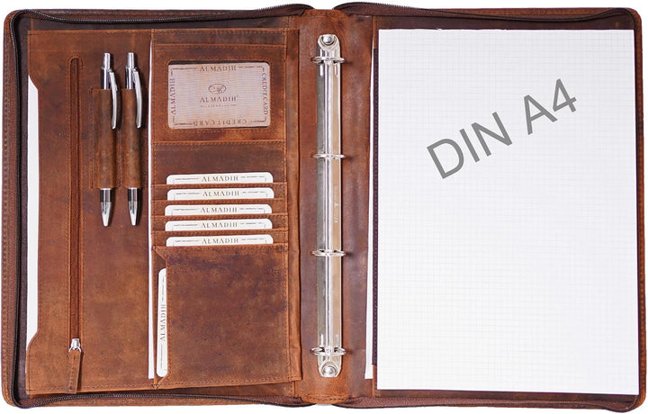 ALMADIH A4 Dokumentenmappe echt Leder mit Schreibblock BV Ledermappe Ringbuchmappe Mappe Schreibmapp