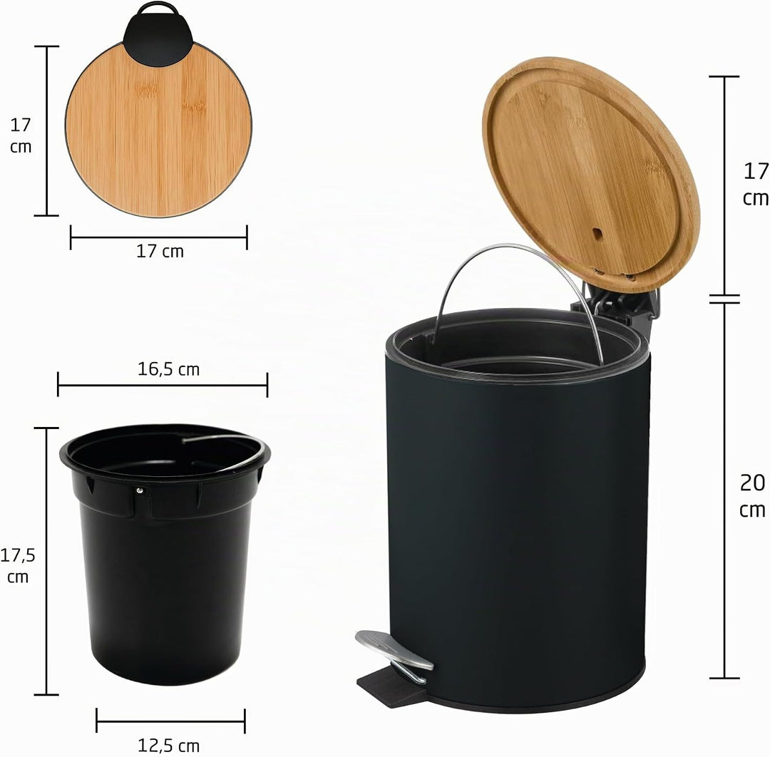 Amig – Kosmetikeimer mit Pedal 3L Naturline – Schwarz und Bambus – Hygienische Öffnung – Ø16,8 x 23