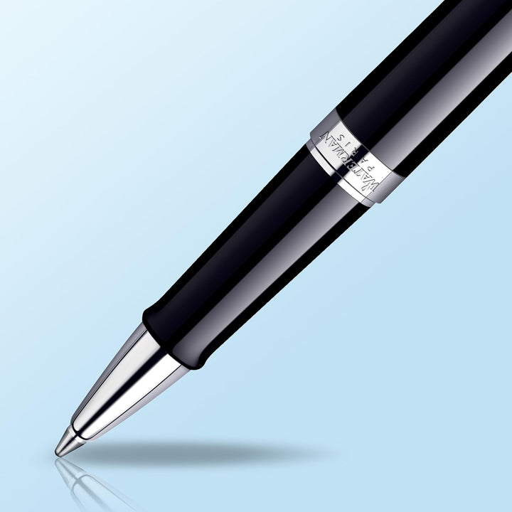 Waterman Hémisphère Tintenroller | Hochglänzend Schwarz mit Chromzierteile | feine Spitze | Schwarze