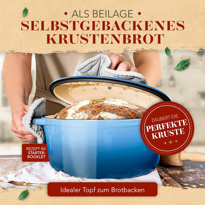 KRUSTENZAUBER Gusseisen Topf [inkl. Fleischgabel] - Hochwertiger 24cm Schmortopf backofengeeignet -