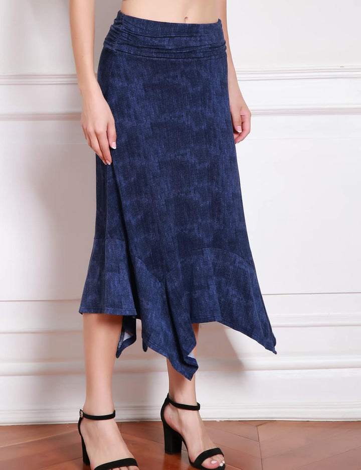 DJT Damen Elastisch Plissierte Taille Elegant Rock A-Linie Faltenrock Midi Rock mit Taschentuch Saum