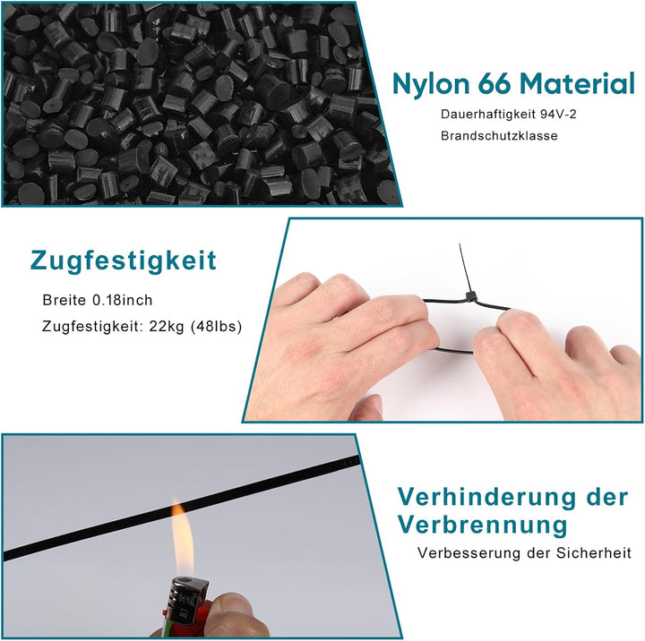 500 Stück Kabelbinder Schwarz, 200mm x 4,8mm Nylonbinder, Cable Ties Zugfestigkeit mit 22 kg, Uv Bes