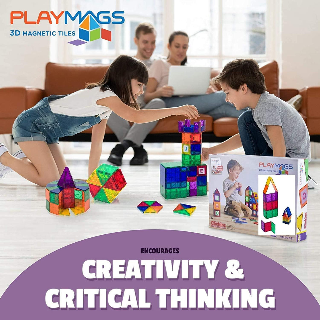 Playmags 48 Stück Set - mit stärkeren Magneten, STEM Spielzeug für Kinder, magnetische Fliesen und B