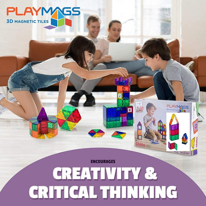 Playmags 48 Stück Set - mit stärkeren Magneten, STEM Spielzeug für Kinder, magnetische Fliesen und B