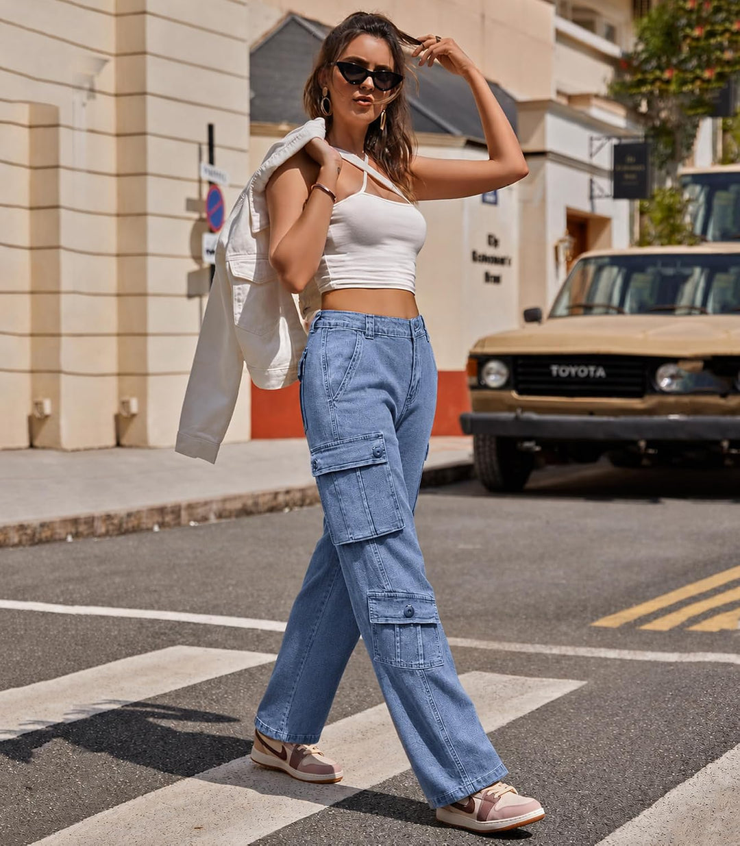 Cargohose Damen Baggy Y2K Multi Taschen High Waist Stretch Wanderhose Sport Jogginghose mit Elastisc