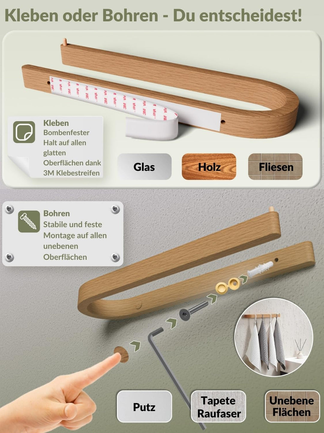 DEKAZIA® Handtuchhalter Holz Wand | Handtuchhalter ohne Bohren Holz | Handtuchstange aus nachhaltige