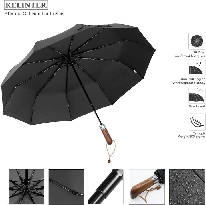Regenschirm mit Holzgriff, Winddicht, zusammenklappbar, mit automatischem Öffnen und Schliessen, Tef