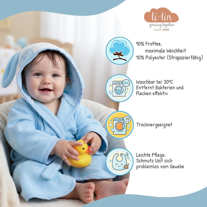 Ti TIN Kinder‑Bademantel mit Kapuze und Hasenohren – 100% Baumwolle, weich &amp; saugfähi, Grösse 6–12 M