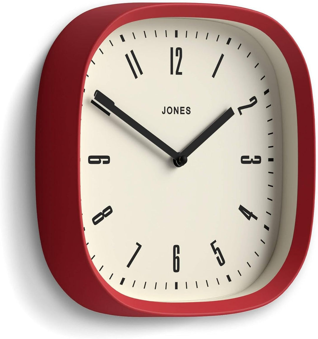 JONES CLOCKS Quadratische Retro-Wanduhr aus hochwertigem Acryl, The 'Marvel' in Rot, 25 x 25 x 5 cm