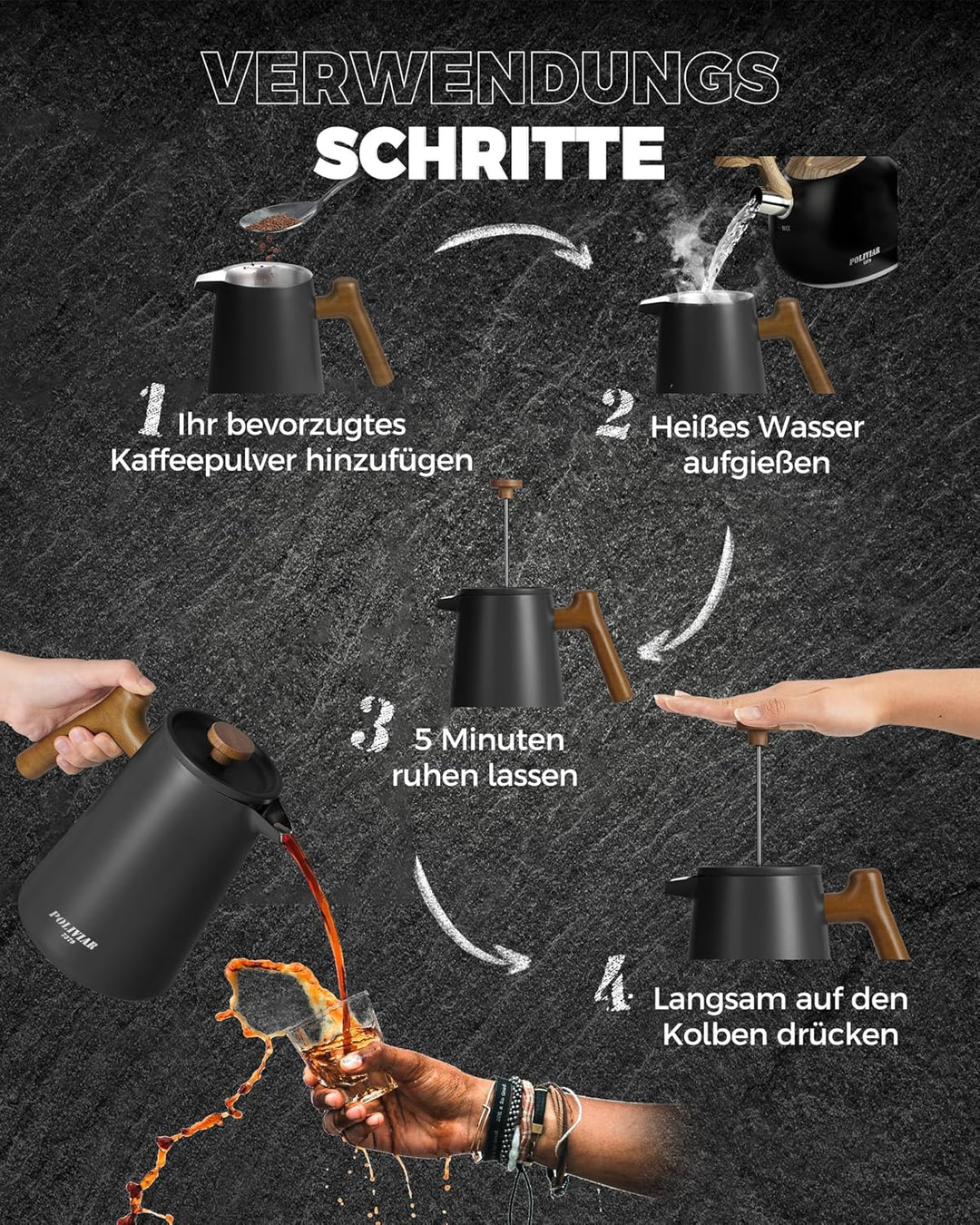 Poliviar French Press Kaffeebereiter 1 Liter/8 Tassen, Doppelwandige Isolierte Kaffeekanne und Teebe