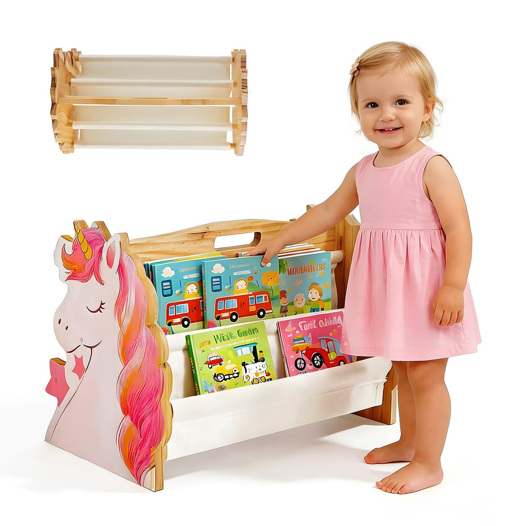 Kinder Bücherregal Holz mit 2 Etagen Bücherdisplays, Montessori Bücherregal Kinder, Kinderregal, Büc