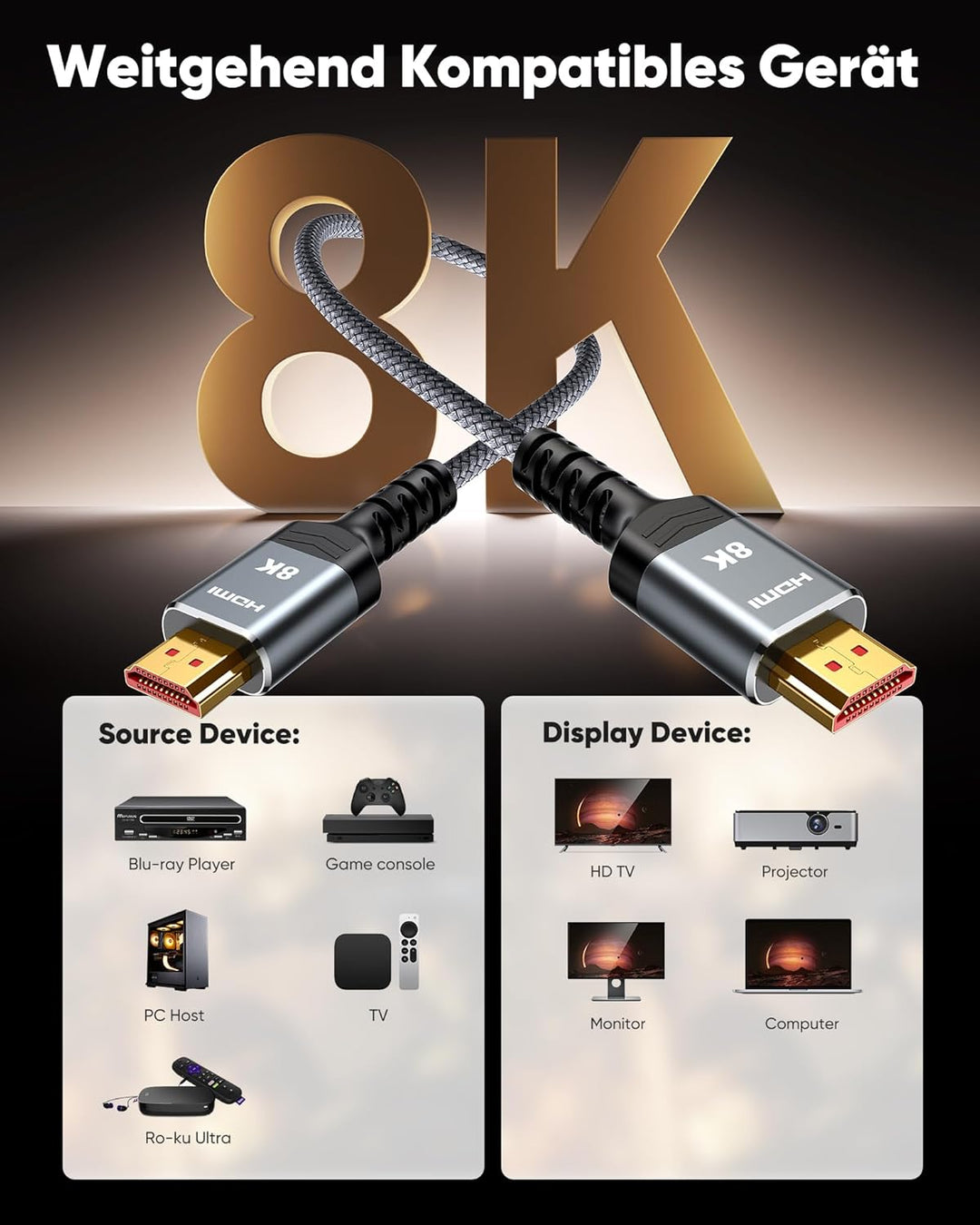 SNOWKIDS Lange 8K HDMI Kabel 10Meter, 48Gbps HDMI Kabel Nylon Geflochtenes 8K@60Hz 4K@120Hz 7680P, D