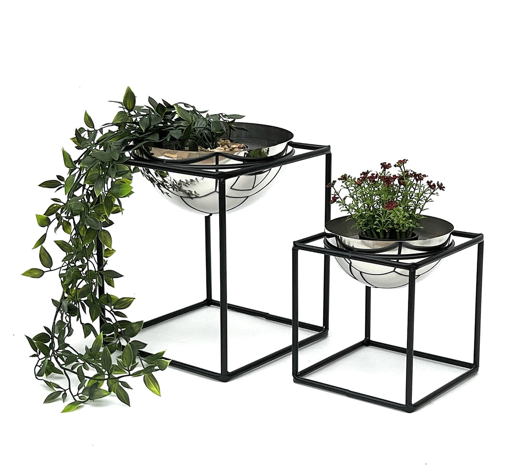 DanDiBo Blumenhocker Metall mit Topf Schwarz Silber Blumenständer 96256 2er Set Blumensäule Modern P