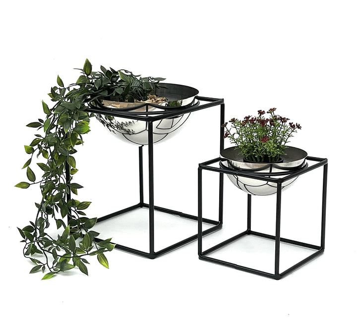 DanDiBo Blumenhocker Metall mit Topf Schwarz Silber Blumenständer 96256 2er Set Blumensäule Modern P