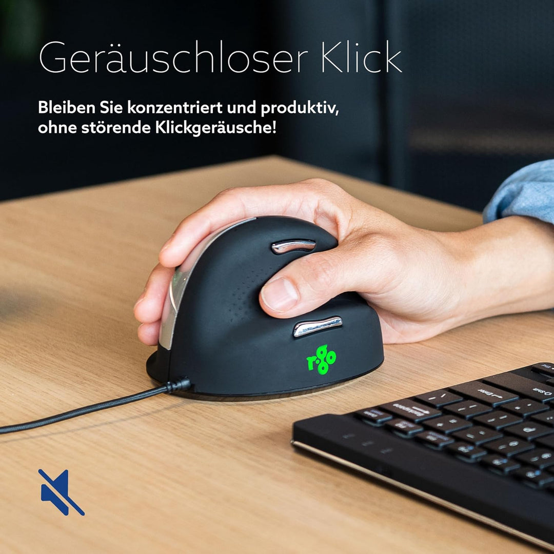 R-Go HE Ergonomische Maus, Für grosse Hand, Mit Break-Software, Stilles Klicken, (USB C Kabelkabelge