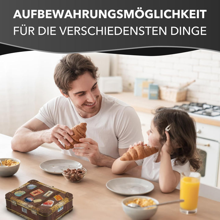 Reisekoffer Vintage - Retro Aufbewahrungsdose, Keksdose, Blechdose mit bunten Aufklebern von verschi