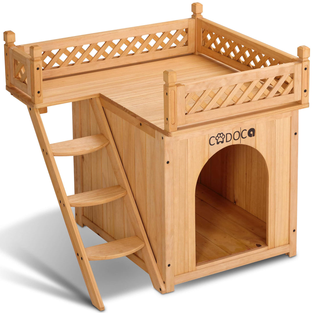 CADOCA® Tierhaus FSC®-Zertifiziert Kiefer 65x55x54cm 2-stöckig Treppe Sonnenterrasse Katzenhaus Katz