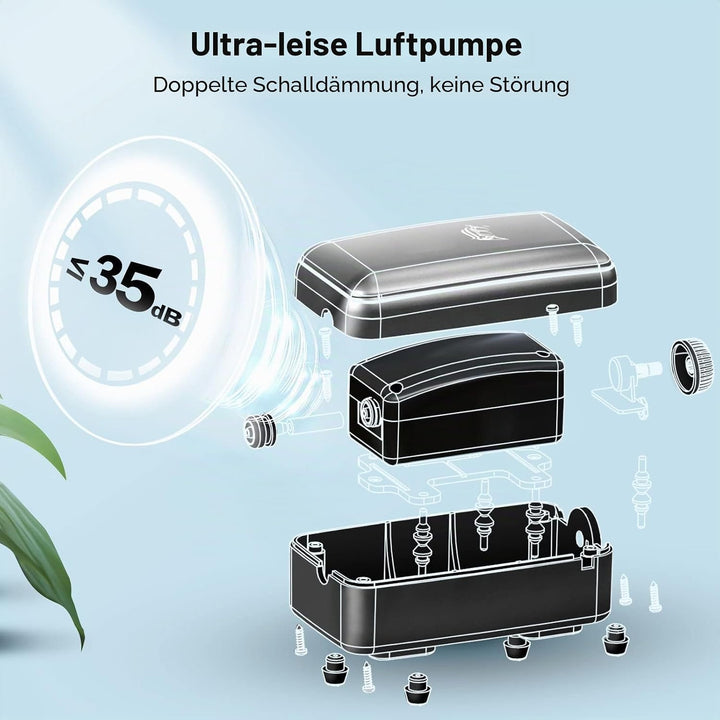 AQQA Aquarium Luftpumpe, ≤ 35dB Extrem Leise Aquarium Sauerstoffpumpe mit Allem Zubehör, für Aquarie