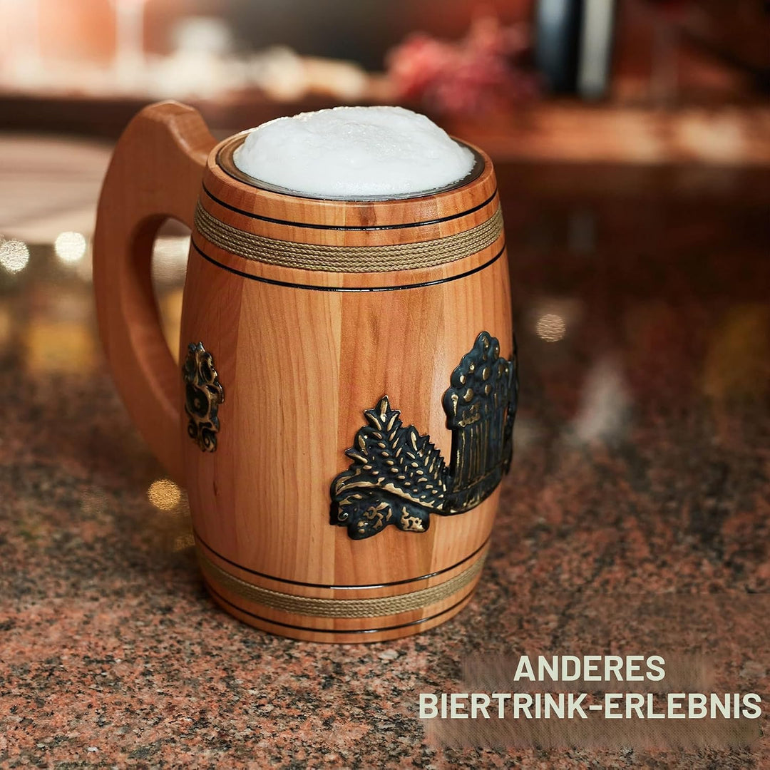 Bierkrug aus Holz, handgefertigt, echte Eiche, 0,5 l, Fassungsvermögen, hellbraun, mittelalterliches