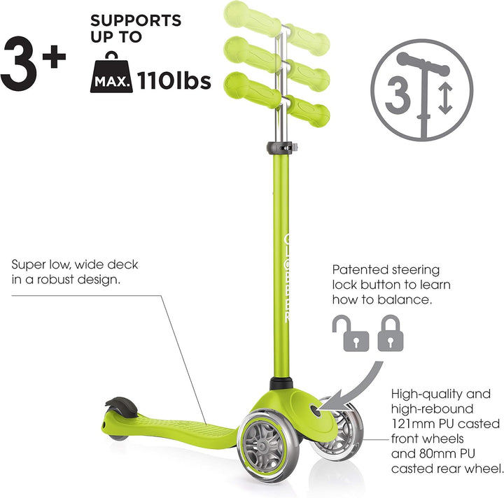 Globber Primo – Tretroller Kinder, 120/80 mm, ABEC 5, 3-rädrig, höhenverstellbar Einheitsgrösse grün