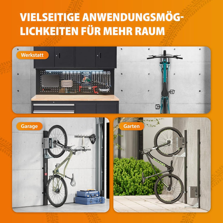 HANDLER Storage Fahrradlift 3ER-SET, Vertikale Wandhalterung in grau für E-Bikes &amp; Fahrräder bis 32k